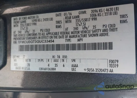 2016 Ford Escape Se z USA, uszkodzony, nr VIN 1FMCU0G73GUC33454